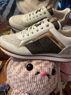 Michael Kors White, Brown & Gold Logo Runner Sneakers